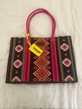 Wrangler Brown Tote with Pink Handles and Multicolor Aztec Pattern